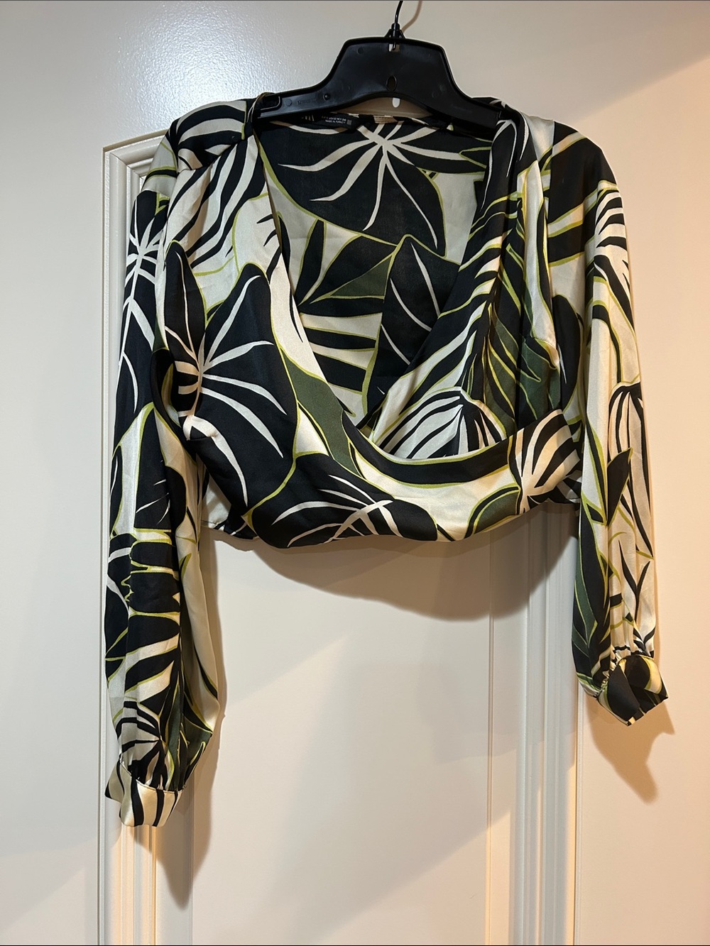 Zara Black, Cream & Green Tropical Wrap Blouse